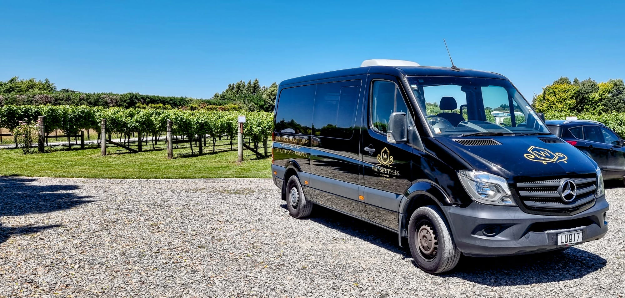 Waishuttles Mercedes Sprinter transport pictured at a vineyard in Wairarapa